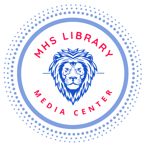 MHS Library and Media Center in a blue circle surrounding a Lion